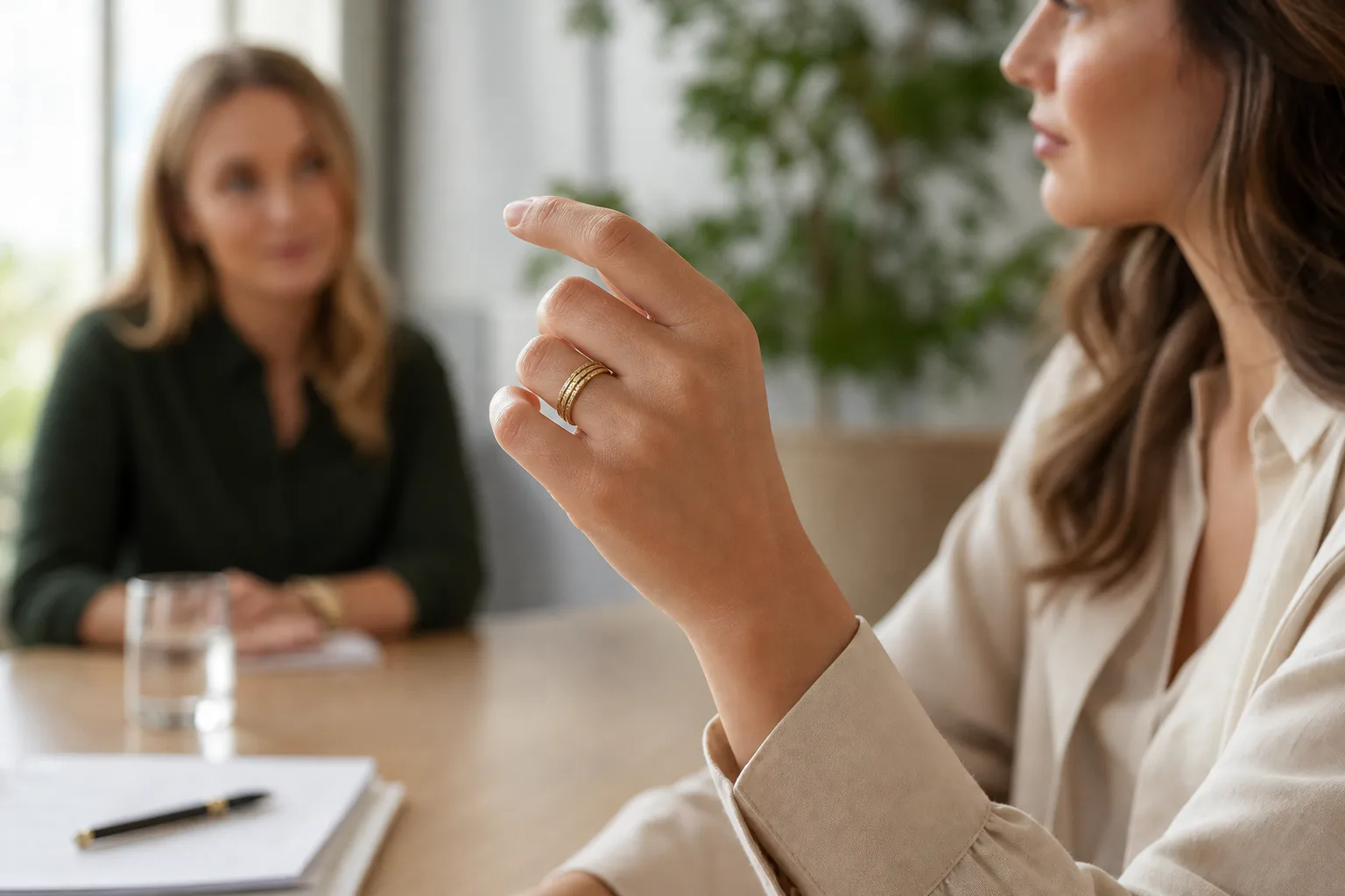 Woman discreetly wearing and touching a gold fidget ring during a work meeting