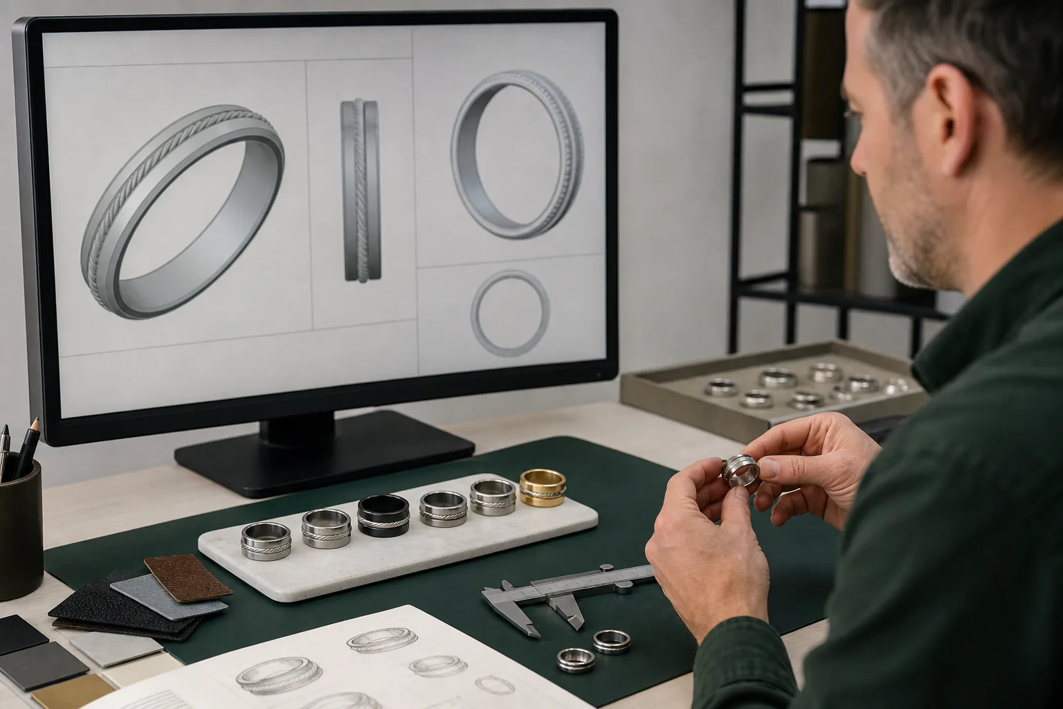 Product developer reviewing a CAD spinner ring design beside complete physical samples