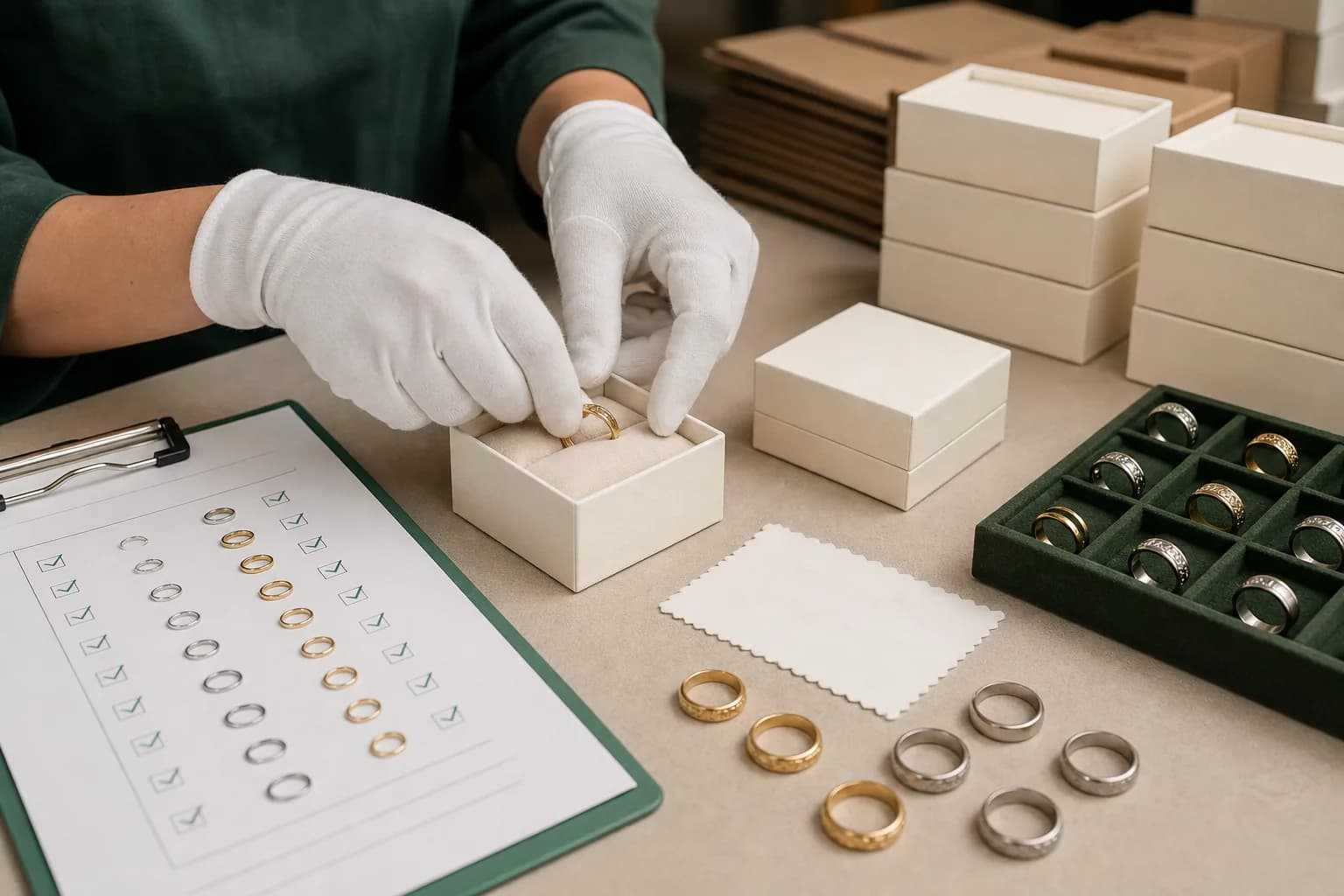 Gloved quality worker packing finished gold and silver rings into cream private-label boxes