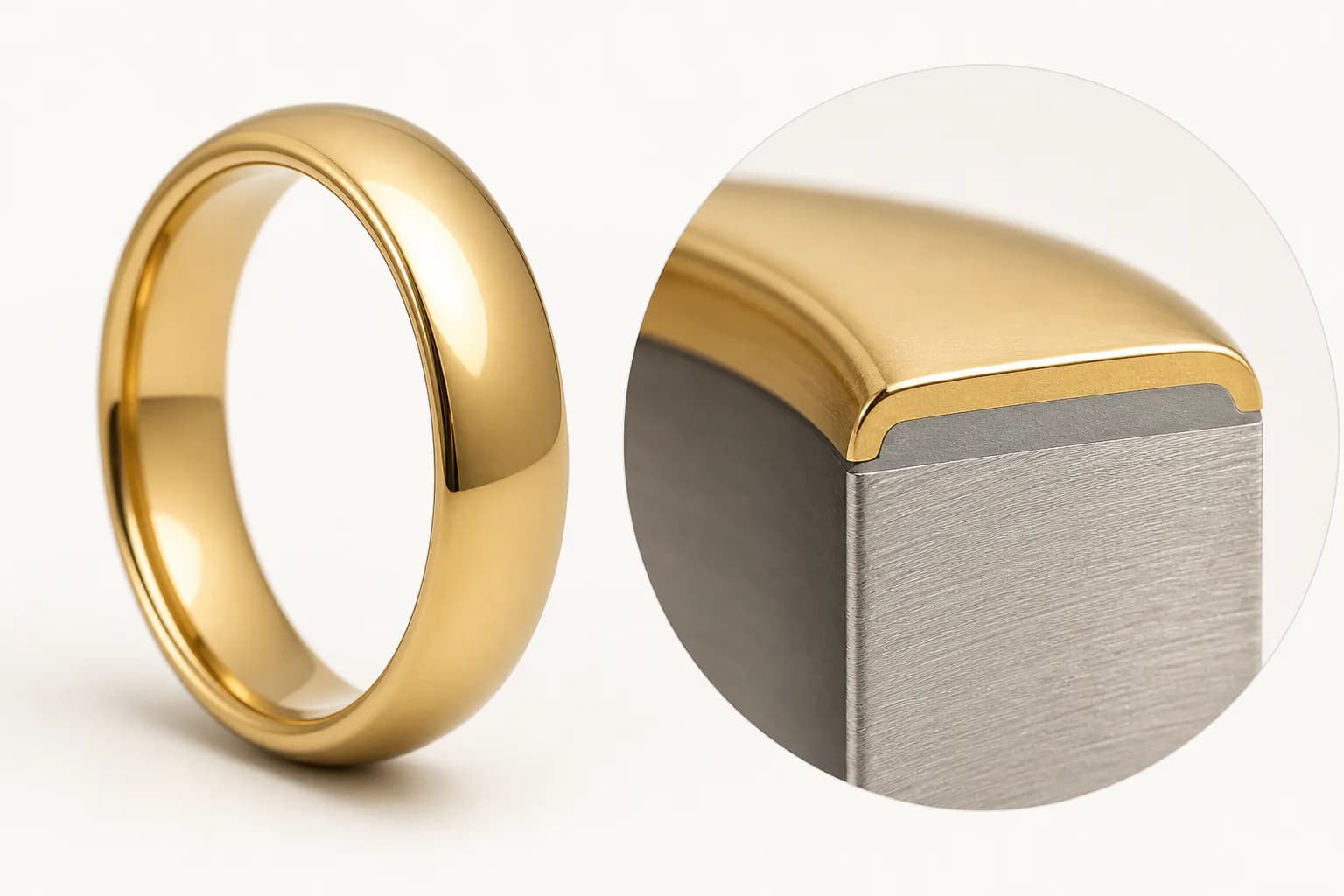 Gold ring and magnified visualization of a coating layer over stainless steel