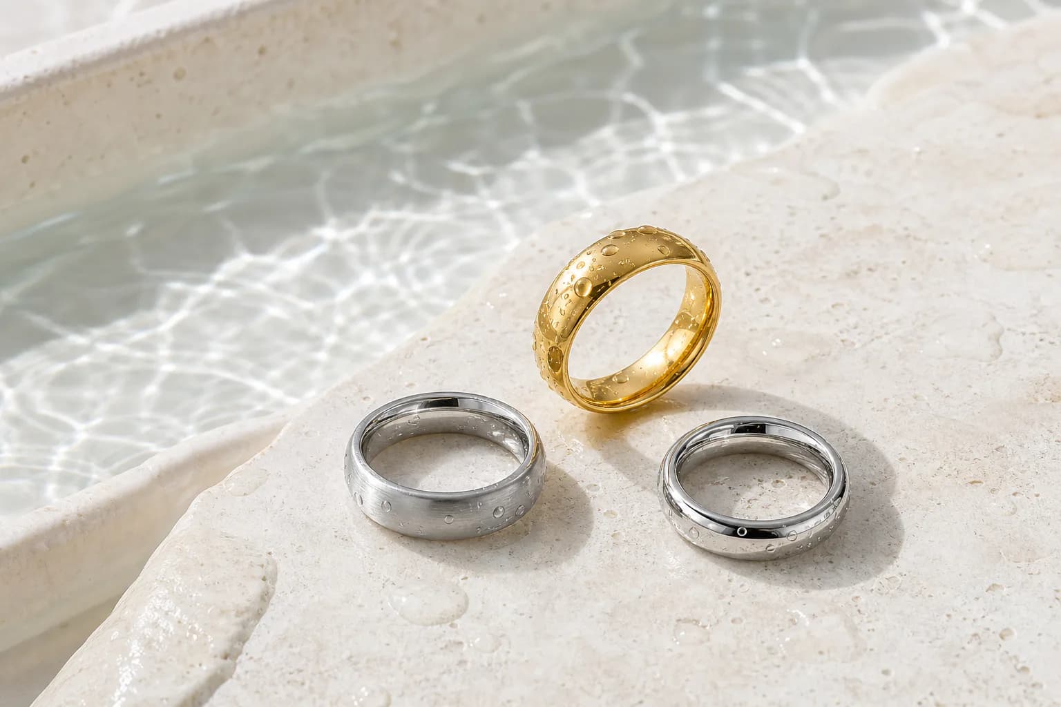 Complete gold and silver stainless steel rings with water droplets beside a clear pool