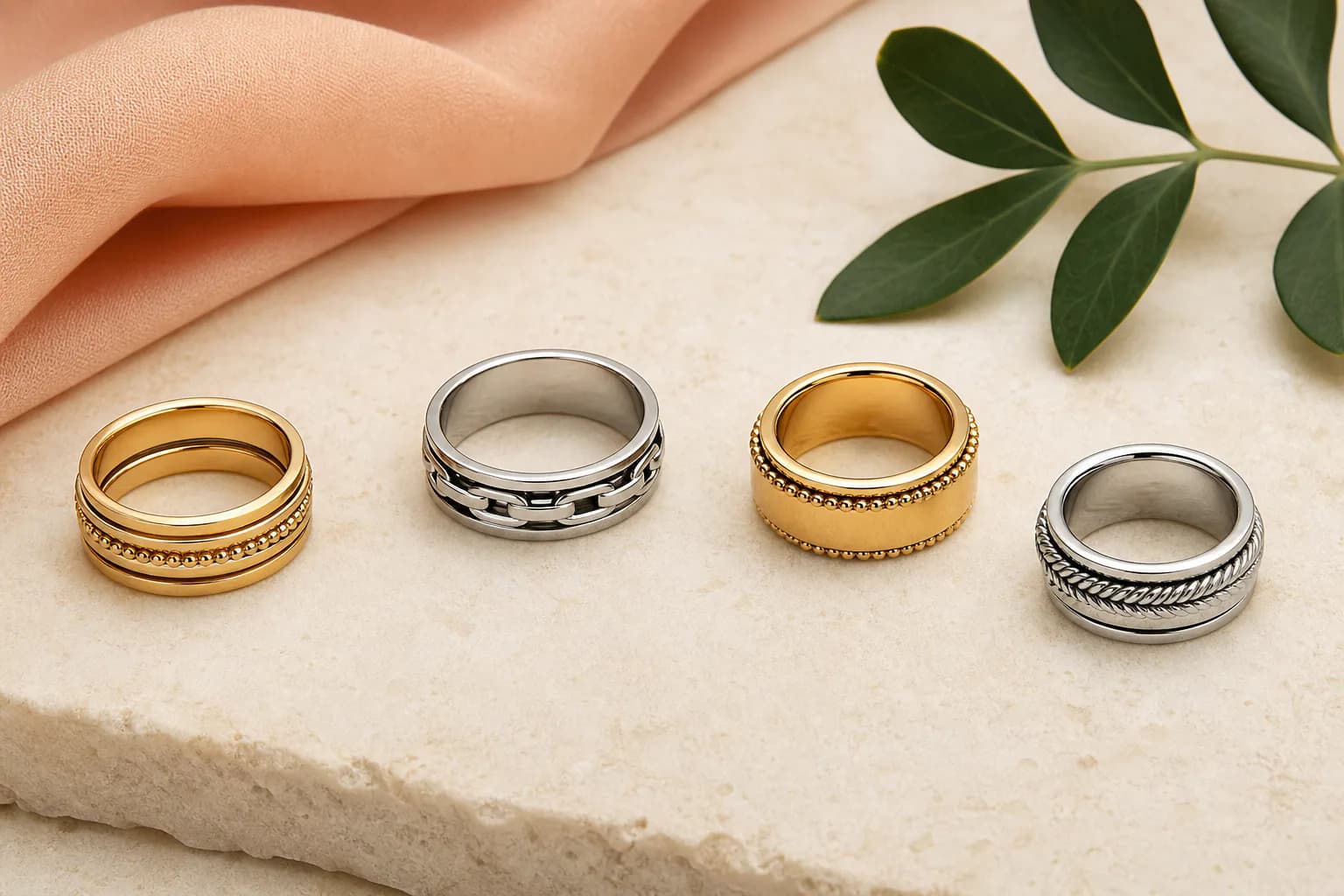 Four complete gold and silver spinner and fidget rings on an ivory surface