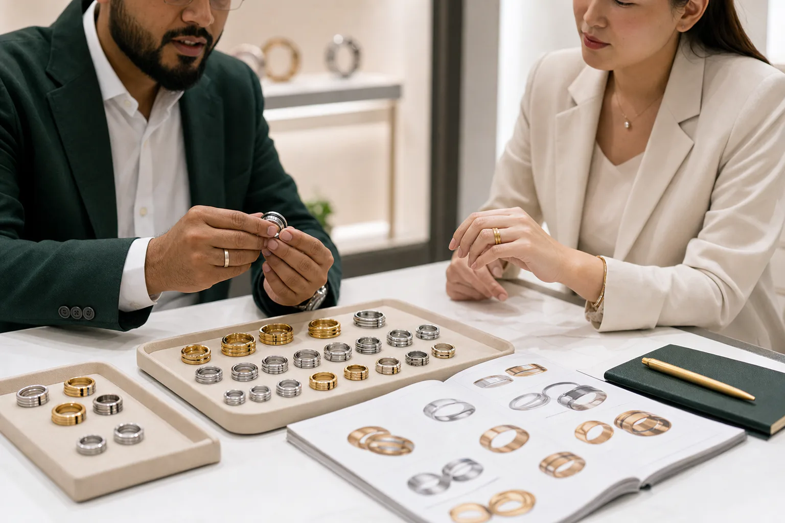 International buyer and jewelry specialist reviewing custom fidget ring samples