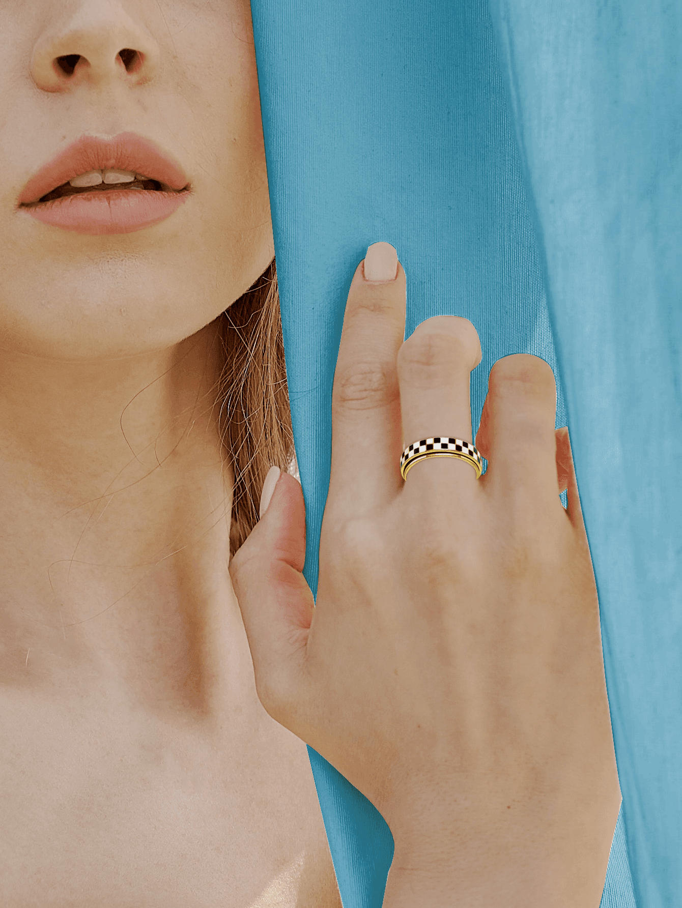 Woman wearing a complete Checkerboard Spinner Ring